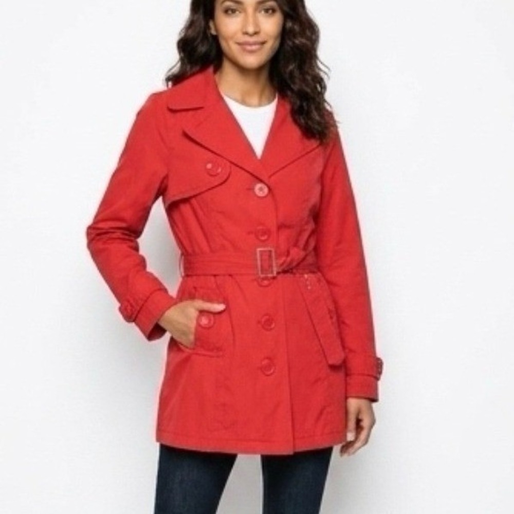 Joujou Trench Coat Women Size S Red Belted Lightweight‎ Cotton Blend Jacket